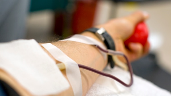 Close-up of a person's arm donating blood