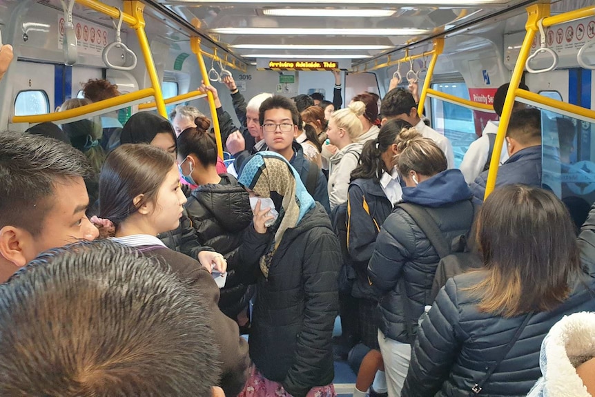 Passengers crammed into a train carriage. One has a tissue over her face.