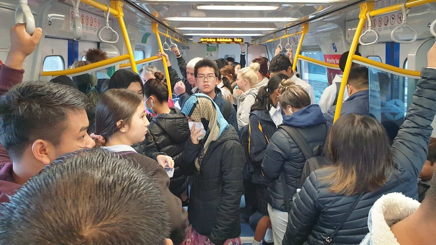 Passengers crammed into a train carriage. One has a tissue over her face.