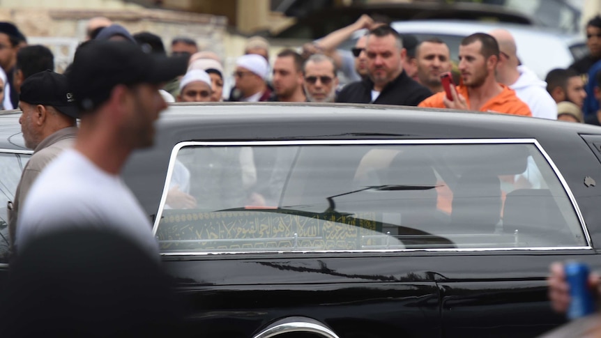 The casket of Hamad Assaad leaves Lakemba Mosque following his funeral in Sydney, Friday, October 28, 2016.