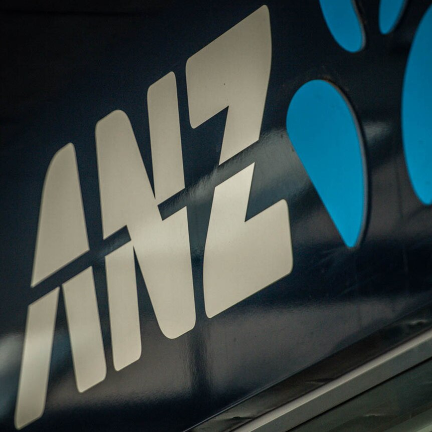 A blue ANZ Bank sign is seen at a bank branch in Martin Place, Sydney.