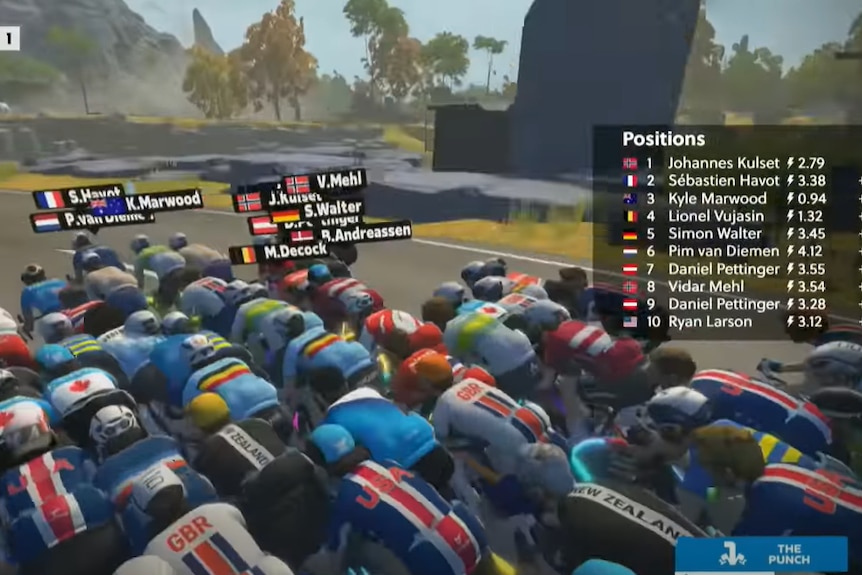 A screenshot of a virtual cycling race showing a group of riders together in a bunch.