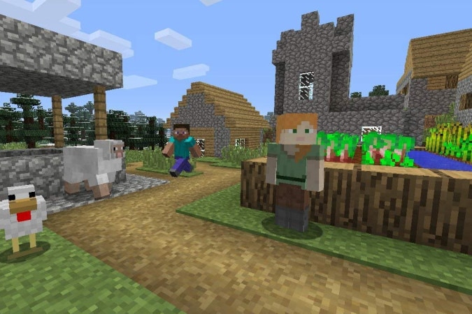a screenshot from the video game minecraft showing animated people, animals and buildings.
