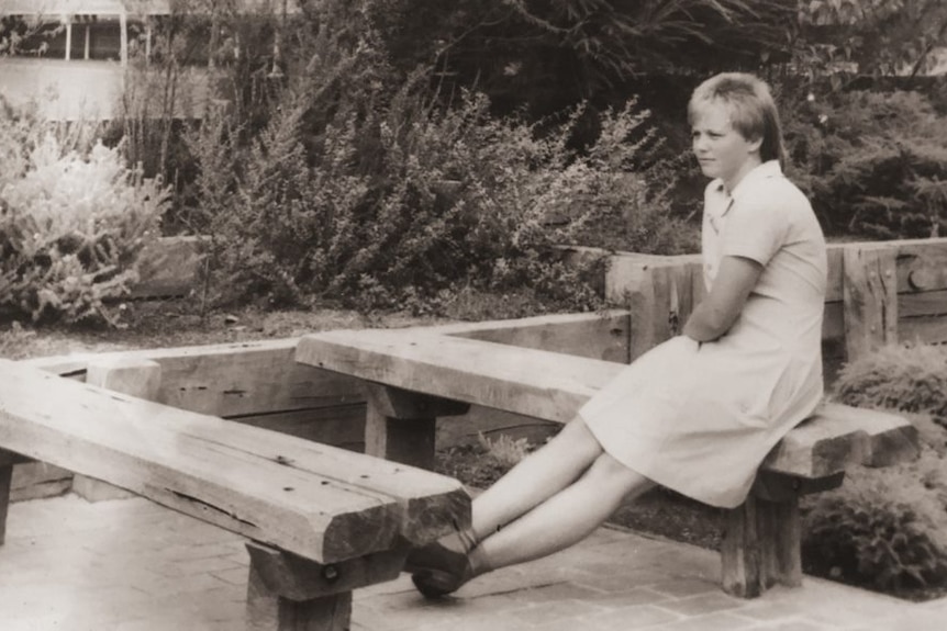 Black and white image of Anthea in school uniform