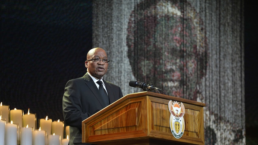 South African President Jacob Zuma speaks at Nelson Mandela's funeral