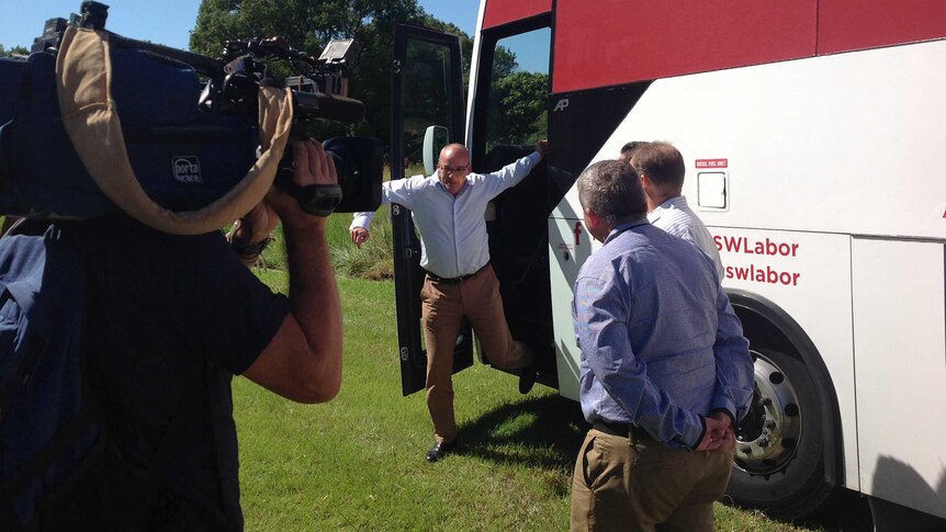 Luke Foley hops off his campaign bus