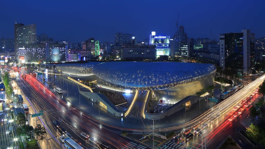 A night time, generic view of the Dongdaemun Design Plaza in Seoul.
