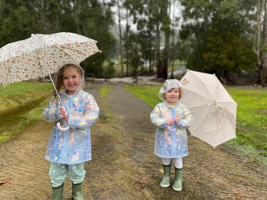 Aurora and Violet enjoy the wet weather.