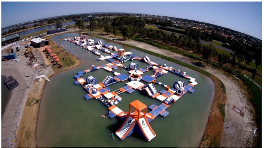 Aerial view of an inflatable water park.