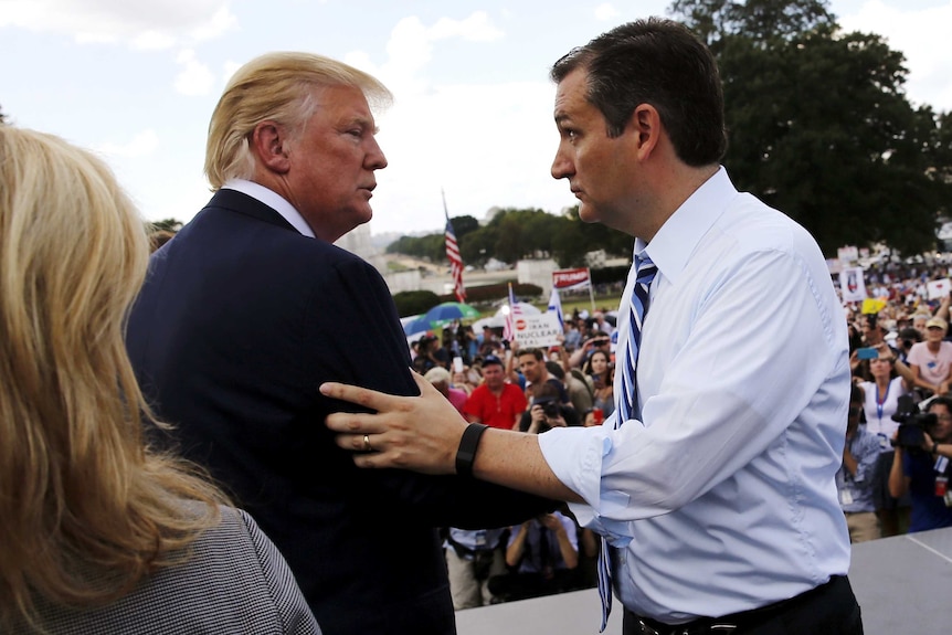 Republican presidential candidates Donald Trump and Ted Cruz at a Tea Party rally