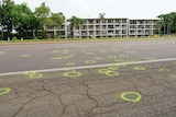 green circles are seen spray painted onto the Stuart Highway in front of building flats.