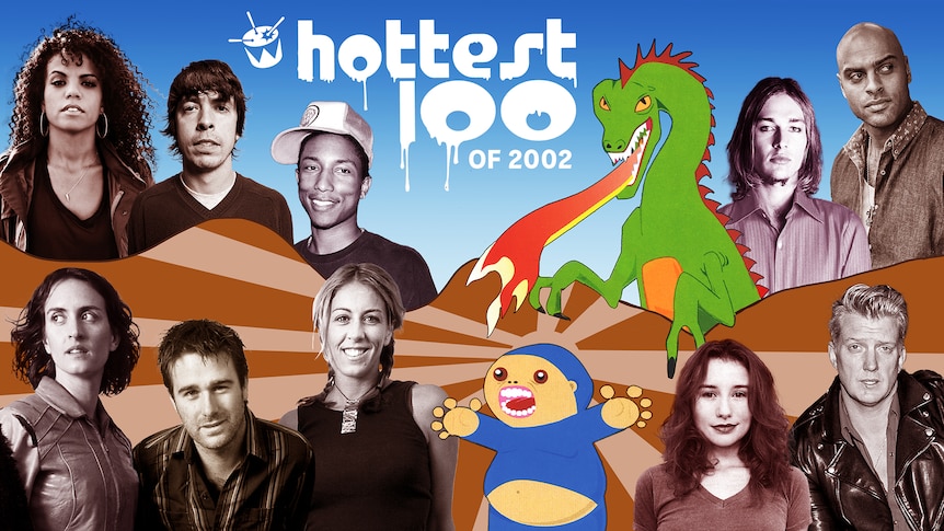 collage of ms dynamite, dave grohl, the waifs, tori amos, josh homme, daniel john, nfa jones and a cartoon dragon breathing fire
