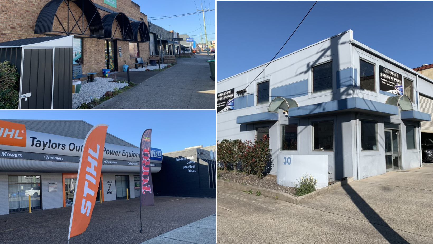 a collage of images of three business buildings, including a community center, a mower business and a smash repairs business.