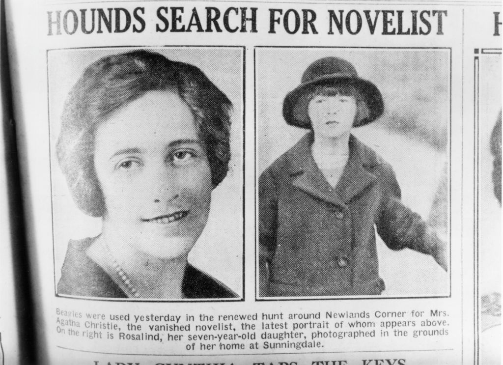 Old newspaper clipping with the headline 'hounds search for novelist' and a photo of Agatha and her young daughter.