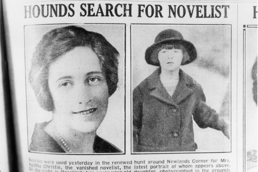 Old newspaper clipping with the headline 'hounds search for novelist' and a photo of Agatha and her young daughter.