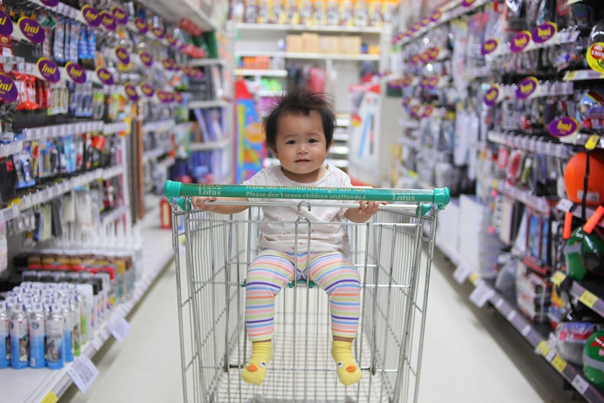 Baby in shopping trolley at supermarket