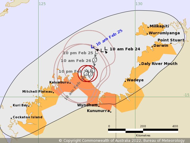 Cyclone path map showing a cyclone crossing WA north coast as a category two on February 26, 2022.
