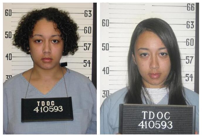 Cyntonia Brown appears in two mugshots, wearing blue prison attire. Left, her curly hair is short. Right, long and straight.