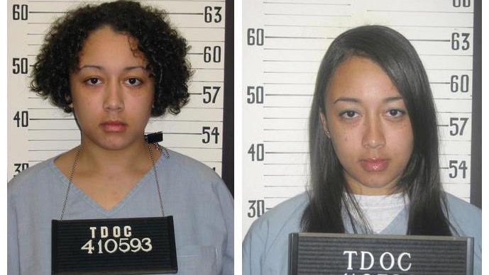 Cyntonia Brown appears in two mugshots, wearing blue prison attire. Left, her curly hair is short. Right, long and straight.