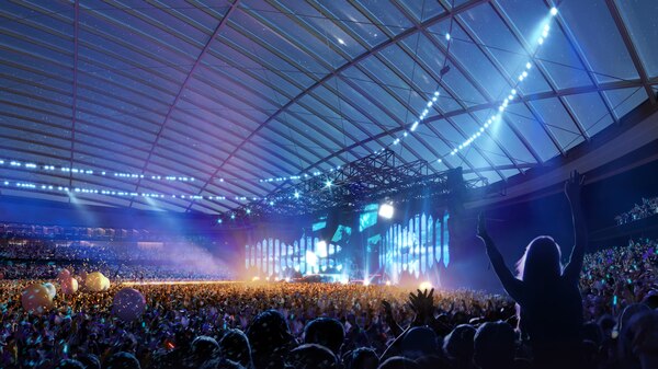A render of a crowd in a stadium proposed for Hobart with blue lights