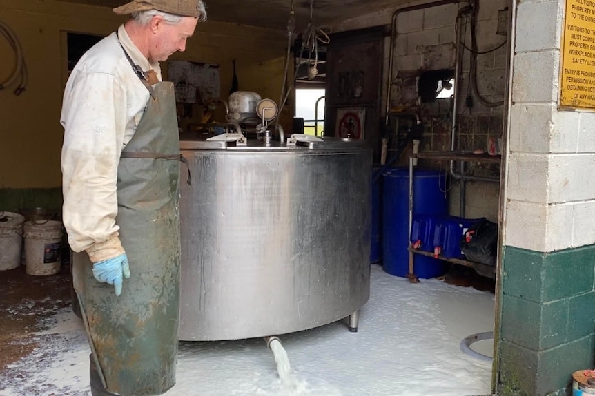 The dairy farmer letting milk pour out of the vat all over the floor of the dairy.