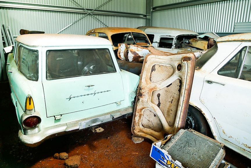 Three old holden cars in need of repairs inside a steel shed