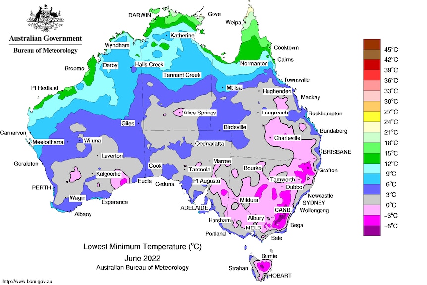 A map of Australia showing the lowest min temps recorded in June 2022