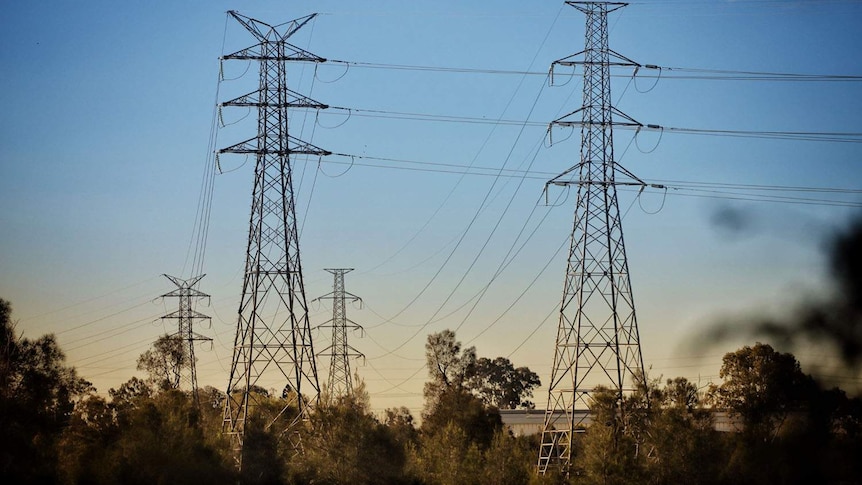 High tension power lines on steel towers in a paddock at Oxley Creek Common at Rocklea on Brisbane's southside.