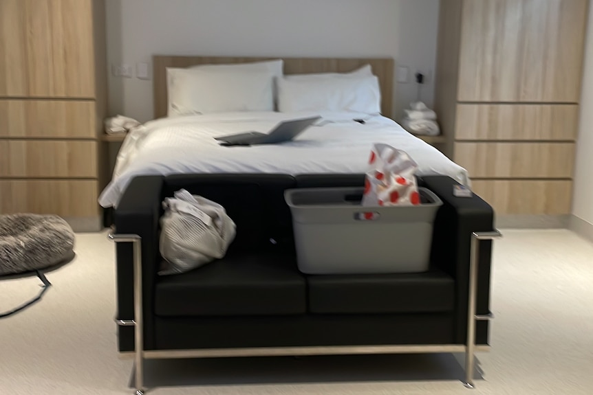 A bed framed by cupboards in a spacious room.