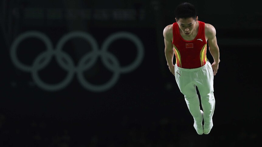 Lei Gao of China performs during the Mens Trampoline on Day 8 of the Rio 2016 Olympic Games.