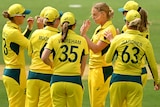 Seven Australian players group together as they celebrate a wicket against West Indies in the women's ODI in Brisbane.
