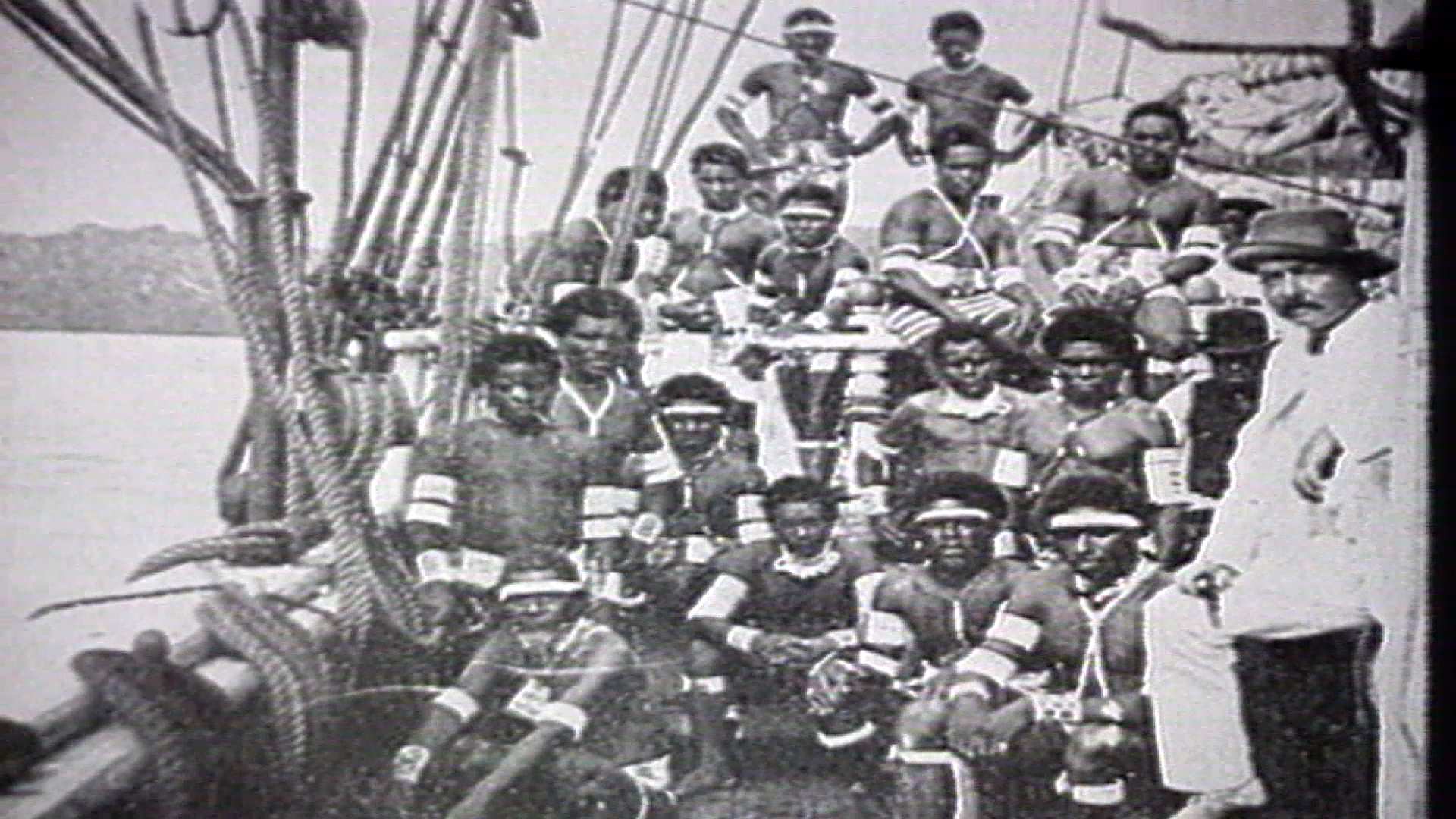 South Sea Island men gathered on a boat bound for Australia