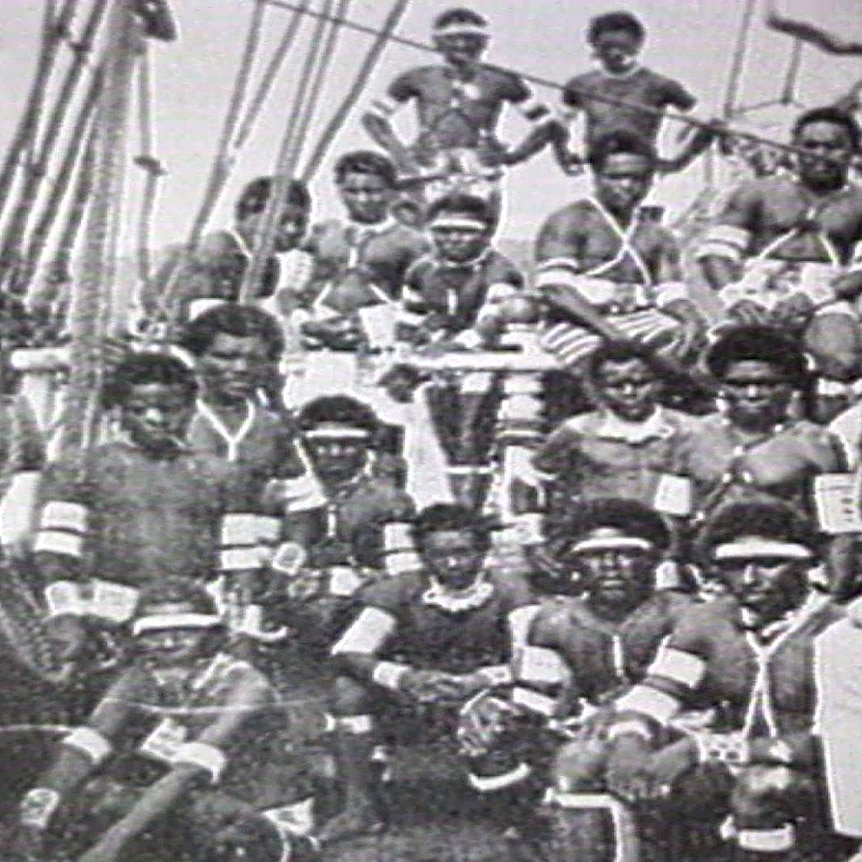 South Sea Island men gathered on a boat bound for Australia
