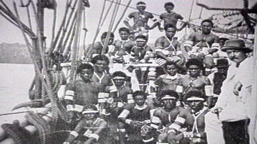 South Sea Island men gathered on a boat bound for Australia