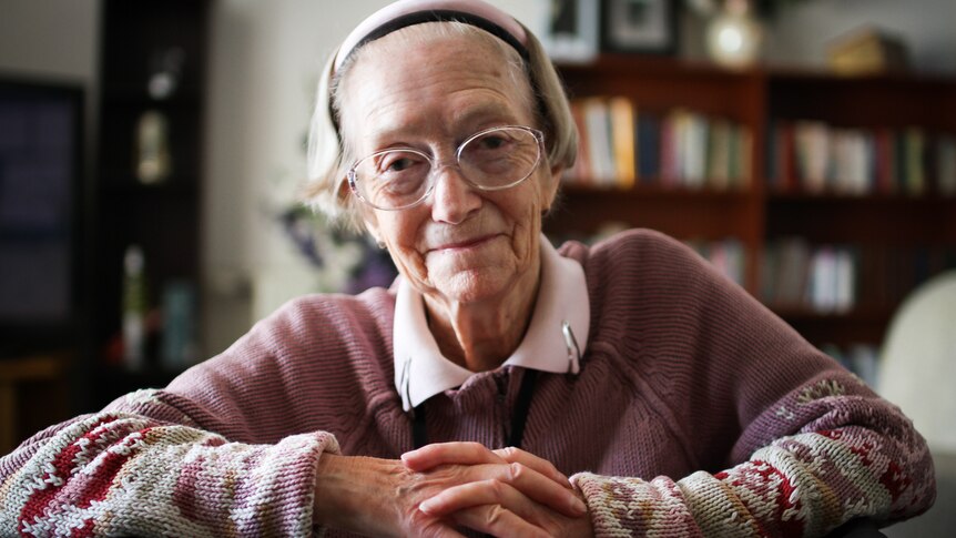 A close up photograph of aged care resident Joan Ridgeway, 81, from Inglewood in central Victoria.