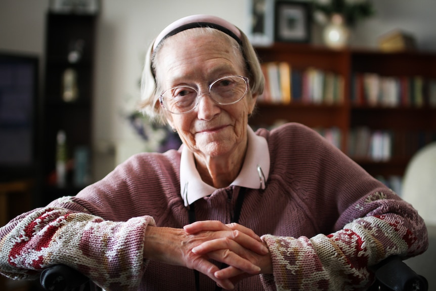 A close up photograph of aged care resident Joan Ridgeway, 81, from Inglewood in central Victoria.