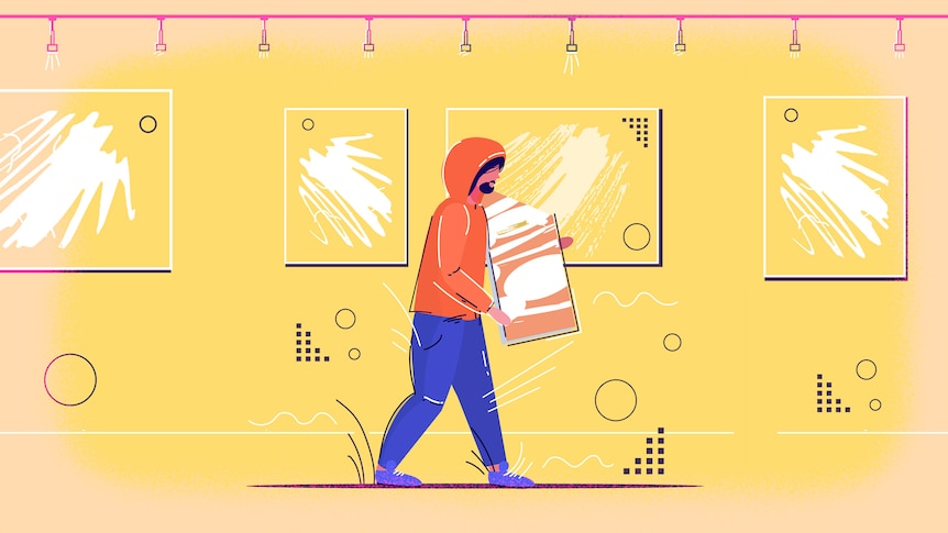An illustration of a man in an orange hoodie taking a painting off a gallery wall