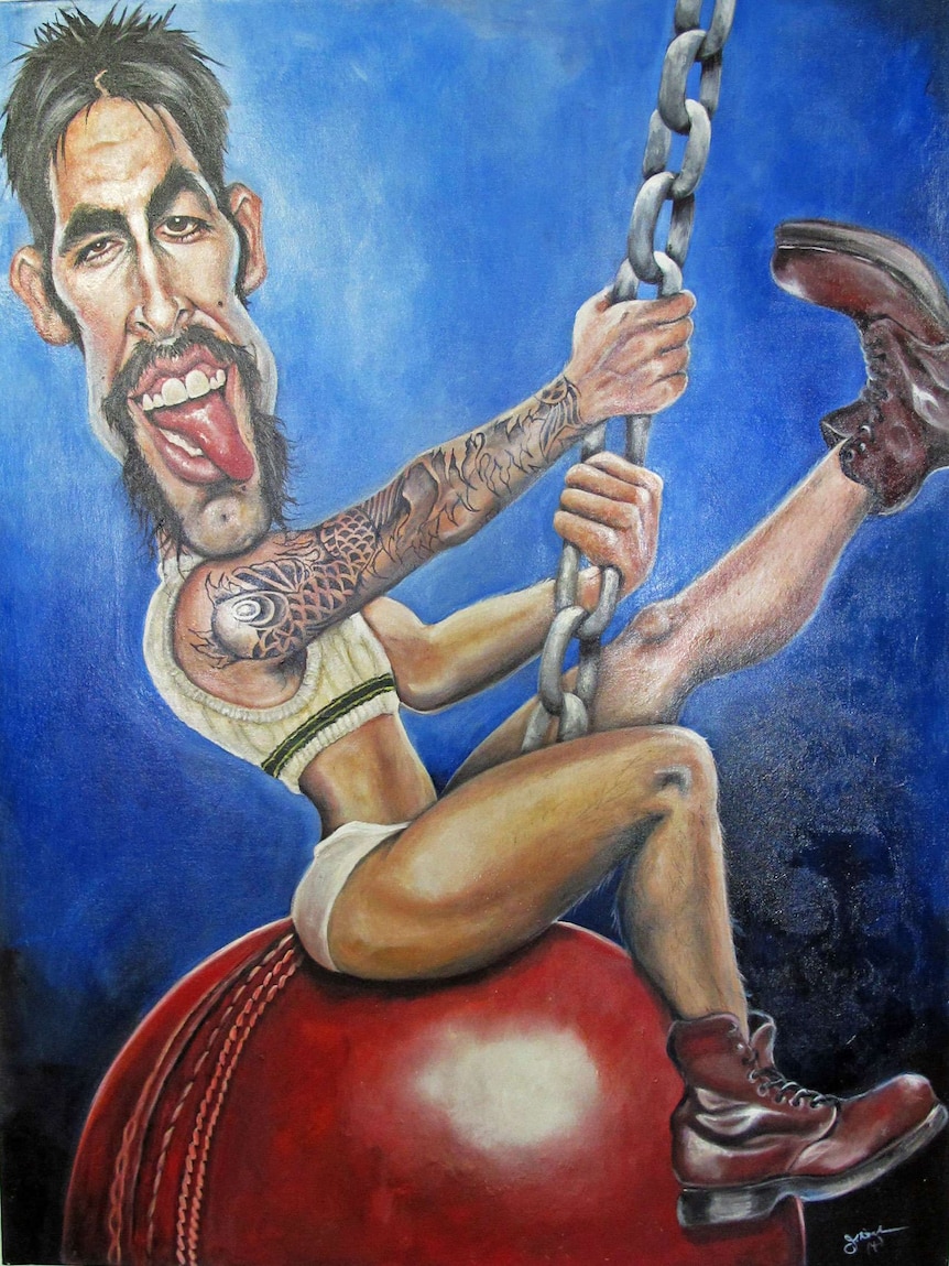 The winning entry by Judy Nadin featuring Mitchell Johnson atop a large cricket 'wrecking' ball.