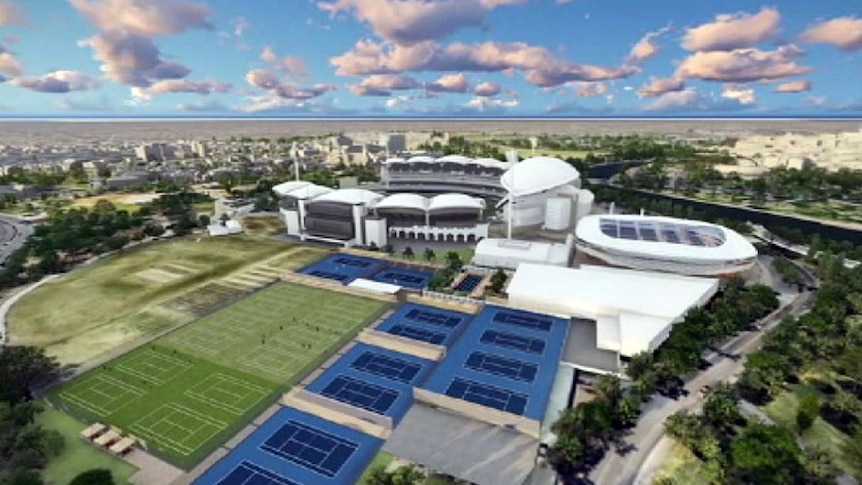 An artist's impression of a proposed upgrade to Adelaide's Memorial Drive tennis precinct.