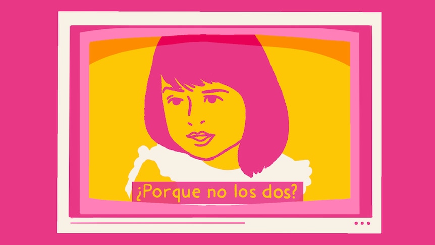 A cartoon image of the viral "Porque no los dos?" girl, in a TV.