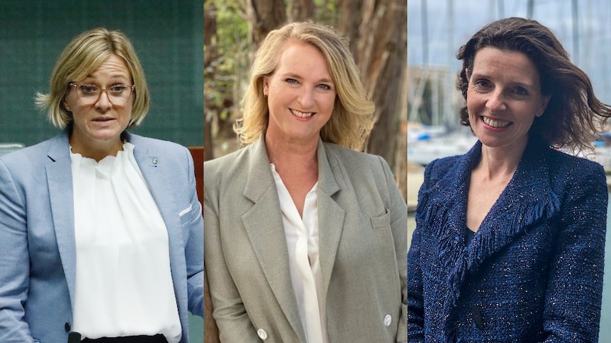 A composite image made of three separate images of three women in business attire.