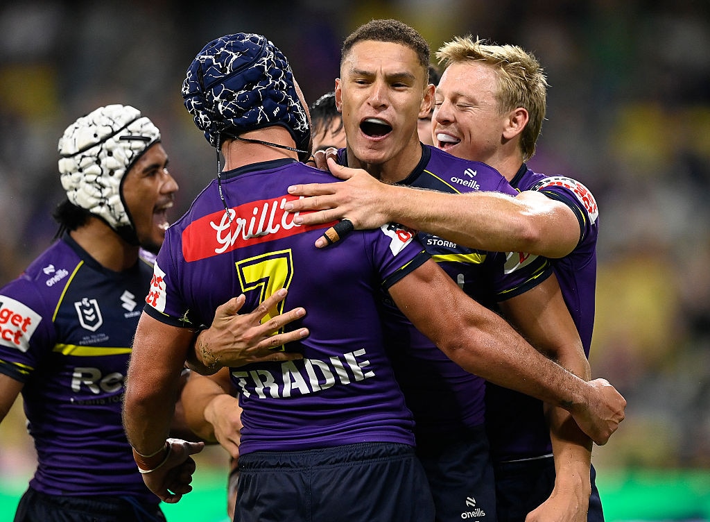 Will Warbrick of the Storm celebrates after scoring a try 