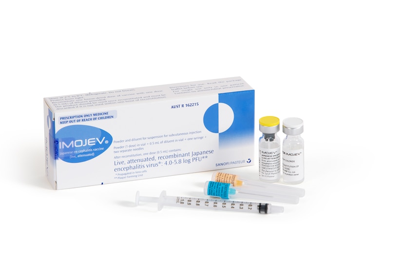 A box showing Imoojev vaccine with a syringe in the foreground.
