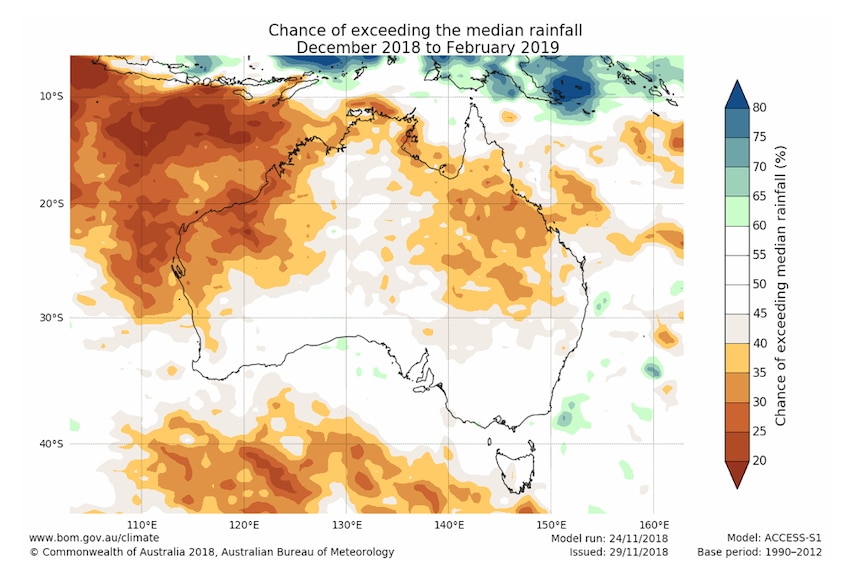 Map of Australia with lots of orange up north indicating dry