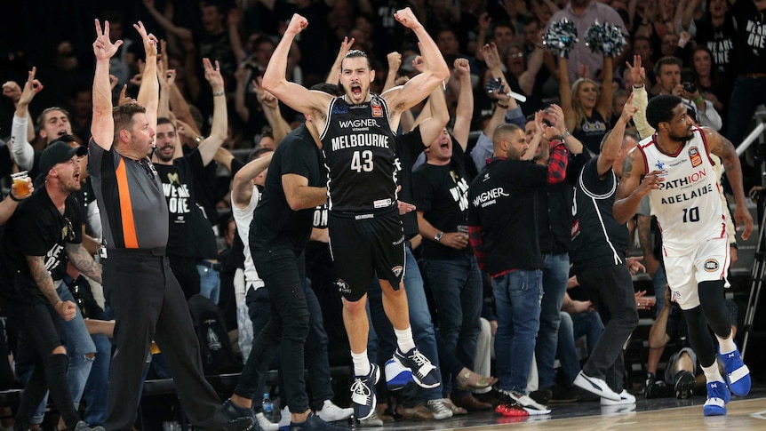 Melbourne United's Chris Goulding reacts to three-pointer against Adelaide in NBL finals game five.
