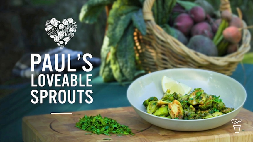 Bowl of cooked brussels sprouts on wooden chopping board with text Paul's Loveable Sprouts