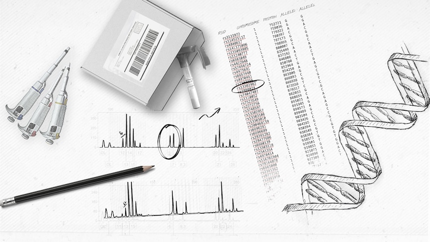 A white graphic of DNA testing equipment and DNA symbols.