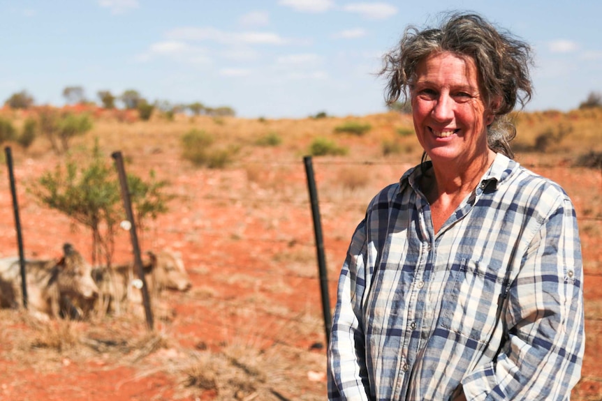 A woman in a checked shirt stands next to a wire fence on red dirt.