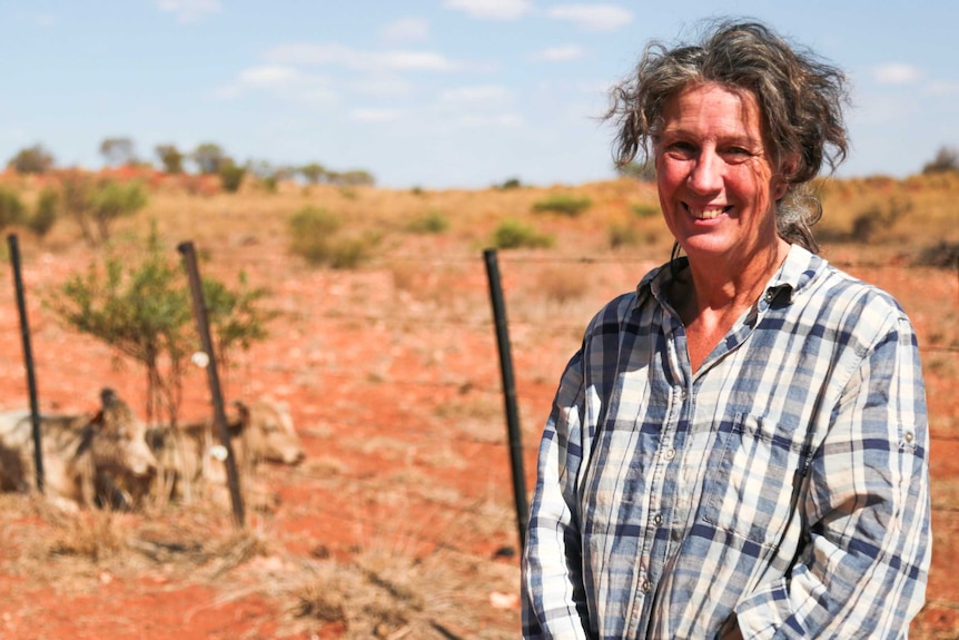 A woman in a checked shirt stands next to a wire fence on red dirt