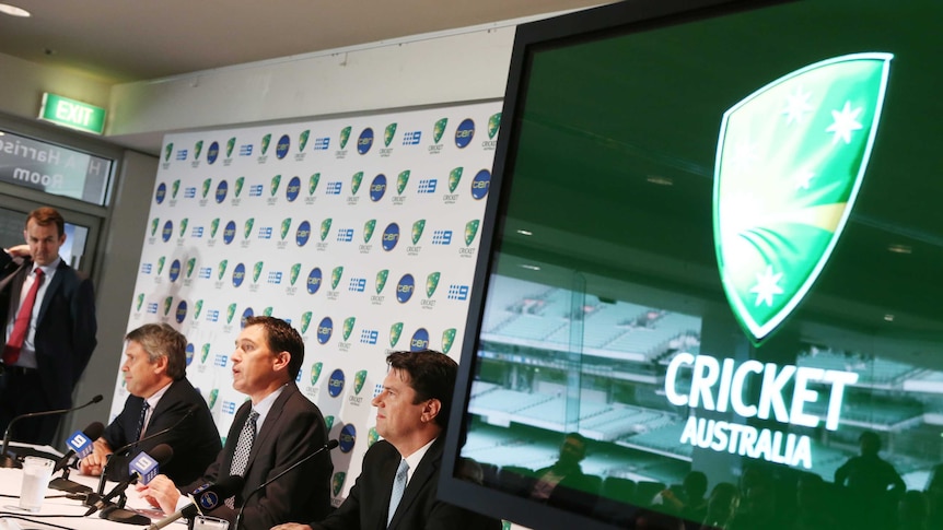 Channel Nine chief David Gyngell (L), CA chief James Sutherland and Channel Ten's Hamish McLennan.